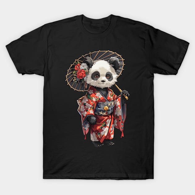 Panda as Japanese Geisha holding Umbrella - Panda Bear Japanese T-Shirt by Anassein.os